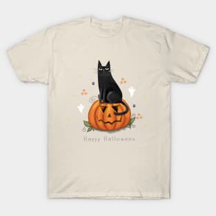 Halloween cute black cat and spooky pumpkin. T-Shirt